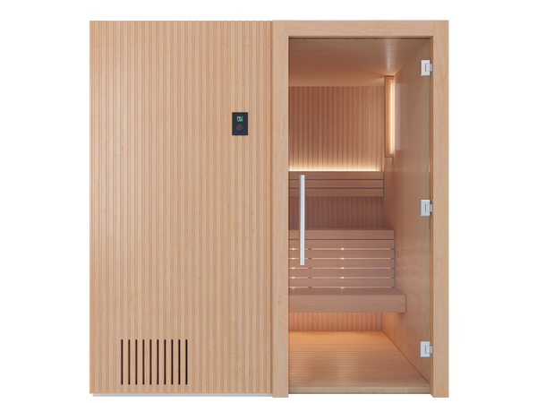 Wooden sauna with open door on a white background