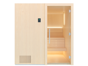 Wooden sauna with open door on a white background