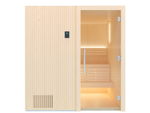 Wooden sauna with open door on a white background
