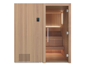 Wooden sauna with open door on a white background
