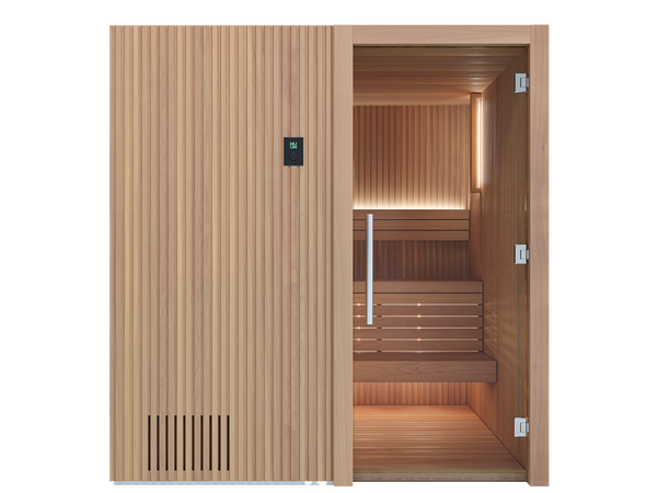 Wooden sauna with open door on a white background
