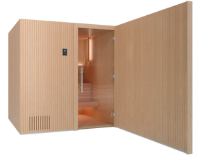 Wooden sauna with open door on a white background