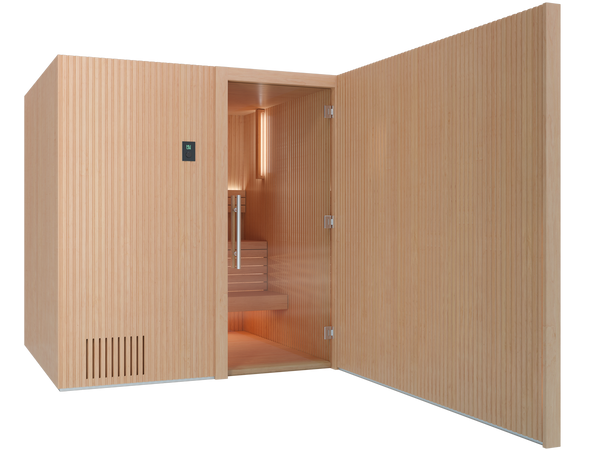 Wooden sauna with open door on a white background