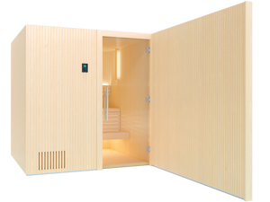 Wooden sauna with open door on a white background