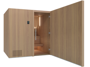 Wooden sauna with open door on a white background
