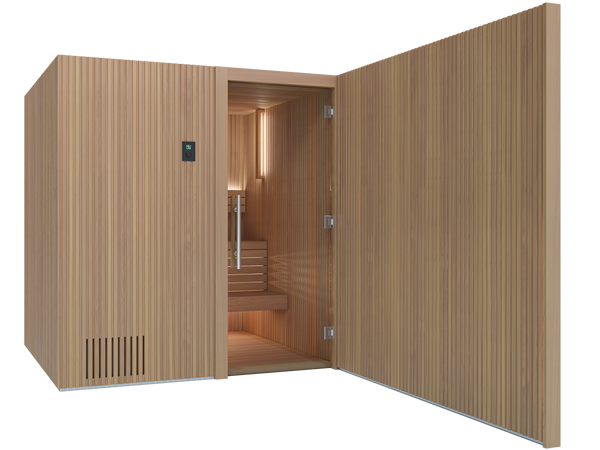 Wooden sauna with open door on a white background