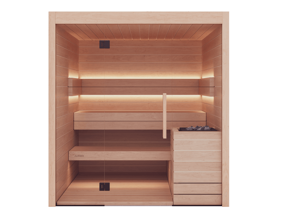 Wooden sauna with benches and shelves on a black background