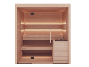 Wooden sauna with benches and shelves on a black background