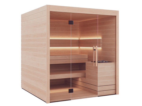Wooden sauna with glass door on a black background