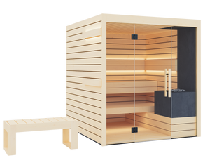 Wooden sauna with glass door on a white background