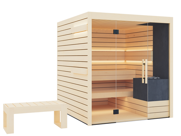 Wooden sauna with glass door on a white background