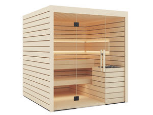 Wooden sauna with glass door on a black background