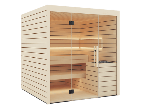 Wooden sauna with glass door on a black background