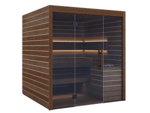 Wooden sauna with glass door on a black background