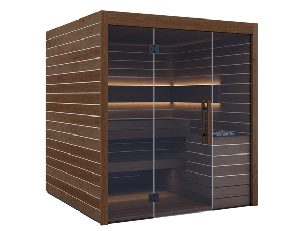 Wooden sauna with glass door on a black background