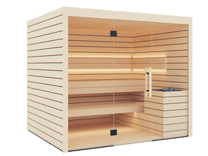 Wooden sauna with glass door on a black background