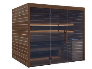 Wooden sauna with glass door on a black background