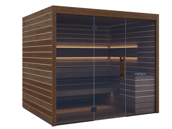 Wooden sauna with glass door on a black background