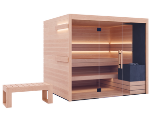 Wooden sauna with glass door and bench on a white background