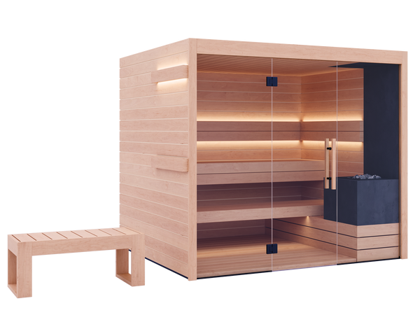 Wooden sauna with glass door and bench on a white background