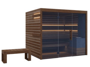 Wooden sauna with glass door and bench on a black background