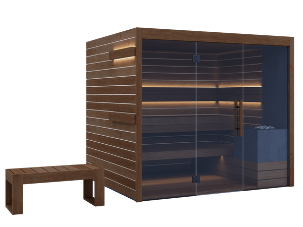 Wooden sauna with glass door and bench on a black background