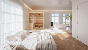 Modern bedroom with wooden floor, bed, and sauna area.