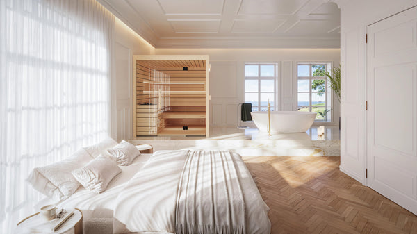 Modern bedroom with wooden floor, bed, and sauna area.