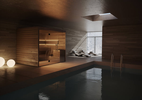 Indoor spa with wooden sauna and pool area