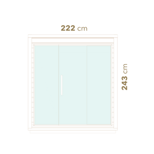 Measurement chart with a window illustration showing dimensions 222 cm and 243 cm on a white background.