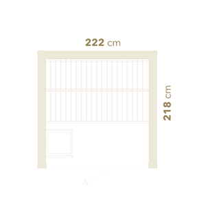 Bed with dimensions 222 cm and 218 cm on a white background