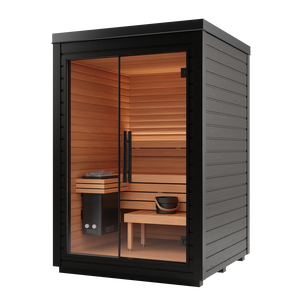 Infrared sauna with wooden interior and black exterior on a white background