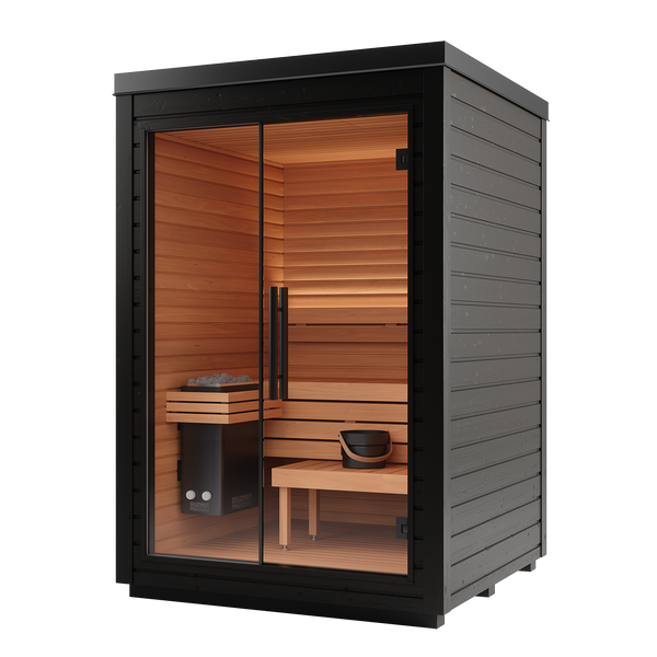 Infrared sauna with wooden interior and black exterior on a white background