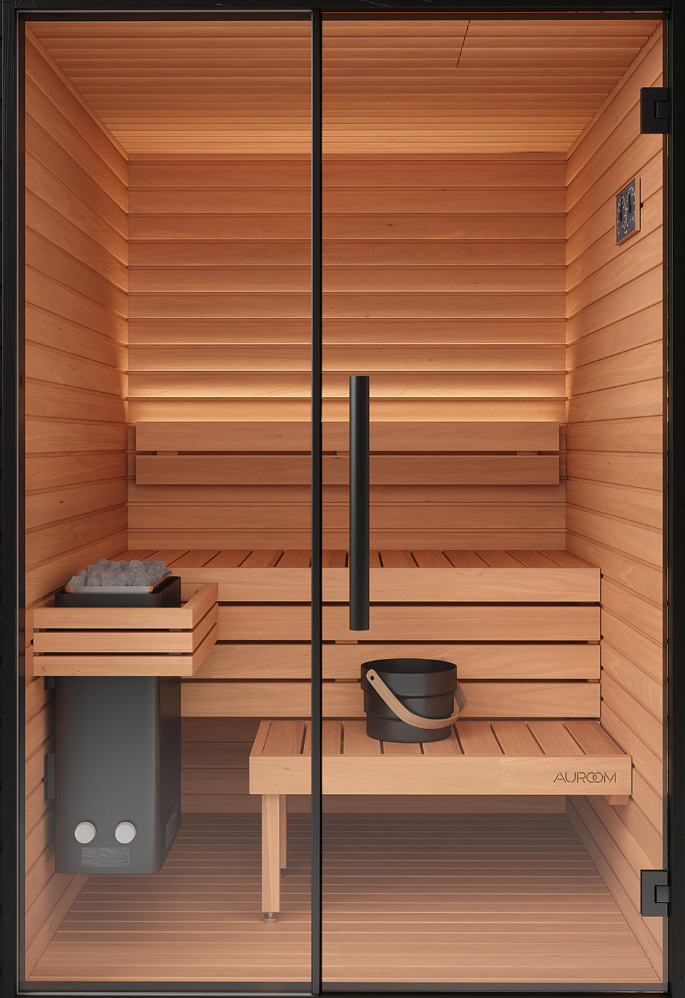 Wooden sauna with glass doors and built-in bench, featuring the brand 'Auroom'.