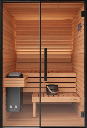 Wooden sauna with glass doors and built-in bench, featuring the brand 'Auroom'.