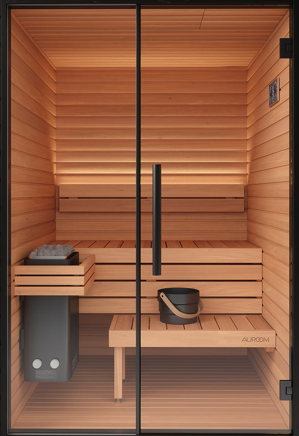 Wooden sauna with glass doors and built-in bench, featuring the brand 'Auroom'.