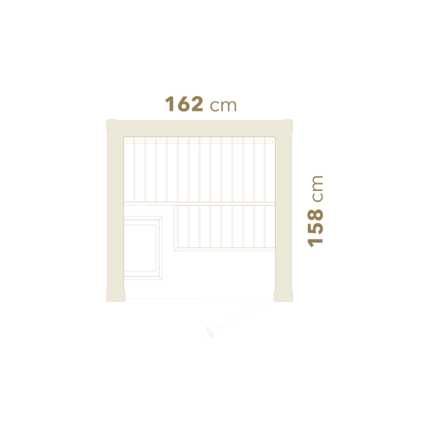 Measurement chart of a window with dimensions 162 cm and 158 cm on a white background