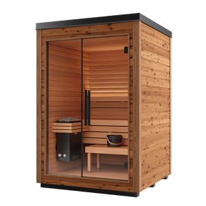 Wooden sauna with glass doors on a white background