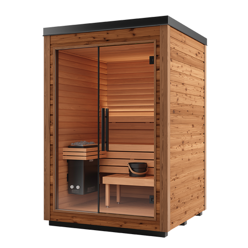 Wooden sauna with glass doors on a white background