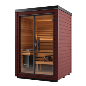 Wooden sauna with glass doors on a white background