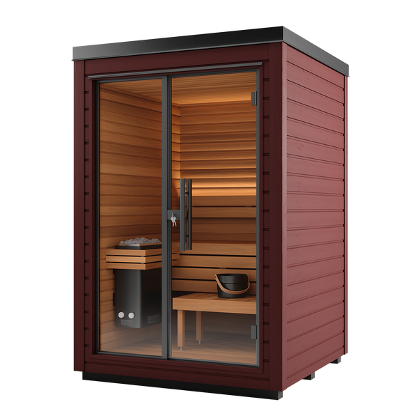Wooden sauna with glass doors on a white background