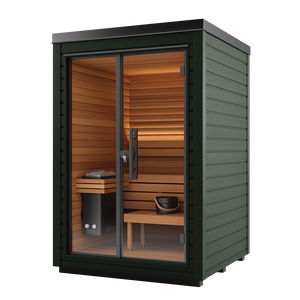Small outdoor sauna with wooden interior and green exterior on a white background