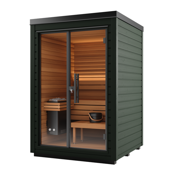 Small outdoor sauna with wooden interior and green exterior on a white background