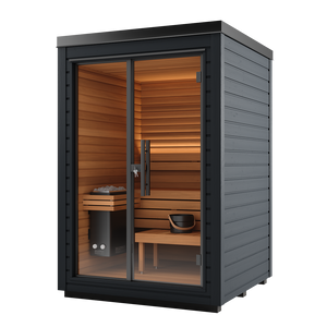 Portable sauna with wooden interior and black exterior on a white background