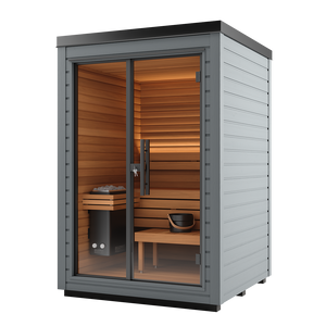 Portable sauna with wooden interior and gray exterior on a white background