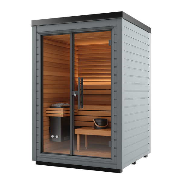 Portable sauna with wooden interior and gray exterior on a white background