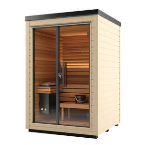 Wooden sauna with glass doors on a white background