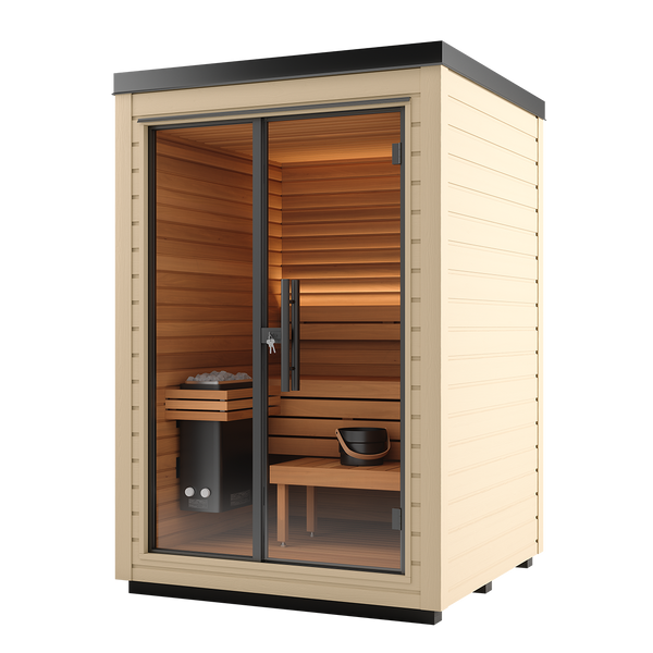 Wooden sauna with glass doors on a white background