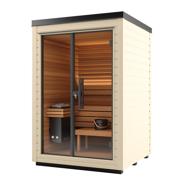 Wooden sauna with glass doors on a white background