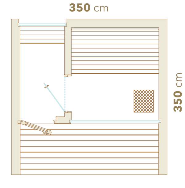 Technical drawing of a wooden structure with dimensions labeled